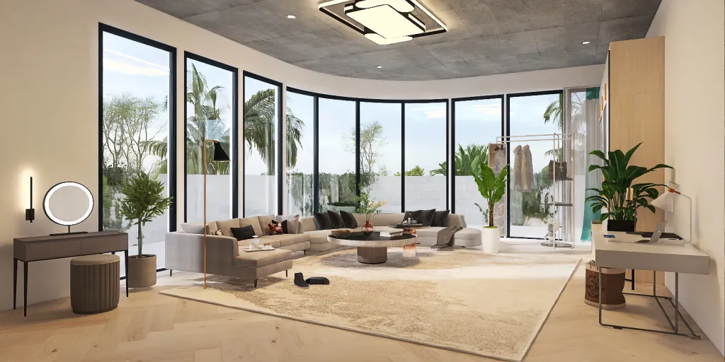 a living room with a large window and a large window 