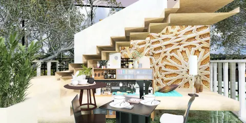 Staircase design showcasing a cozy dining area with artistic wall decoration, featuring a modern style and optimal use of space for interior decor, enhanced by Homestyler's real-time 3D rendering capabilities.