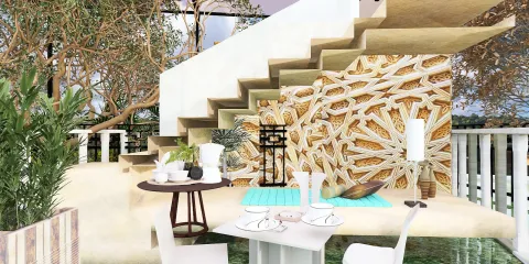 Outdoor staircase design integrating natural elements with a modern aesthetic, featuring a cozy dining area; showcases Homestyler's real-time 3D rendering for quick visual previews.