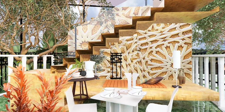 Staircase design featuring natural elements and textures, enhancing outdoor dining area for a fresh and inviting ambiance in a modern home; includes Homestyler’s 3D rendering feature to visualize home decor.