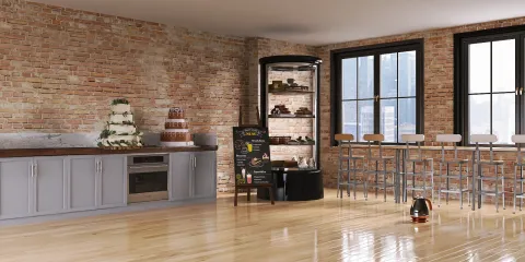 Modern kitchen with exposed brick walls showcasing food display and bar seating, featuring a rustic design with commercial space value, utilizing Homestyler's real-time 3D rendering feature for renovation previews.