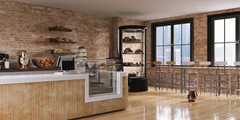 cafe interior with pastry display featuring smart furniture arrangement in a rustic style for optimized small space planning using Homestyler