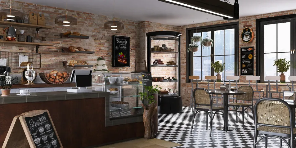 cozy café interior design featuring a brick wall and wooden furnishings with smart furniture arrangement to optimize small spaces using Homestyler's AR virtual placement feature