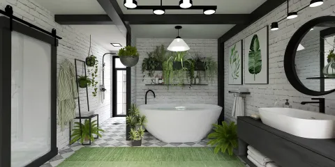 bathroom with a freestanding tub and lush greenery featuring a modern rustic design emphasizing indoor plants and natural light, showcasing Homestyler's real-time 3D rendering feature.