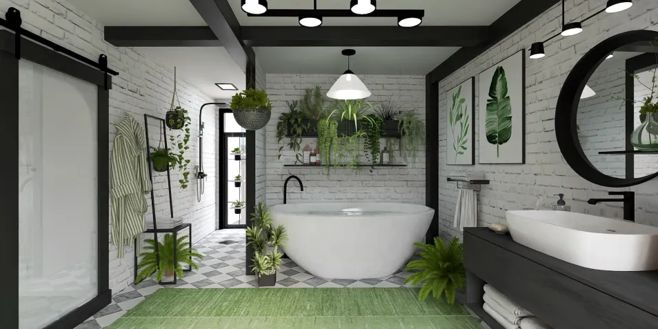 Bathroom with a freestanding bathtub and modern fixtures featuring a green and white color scheme, showcasing an elegant interior design style ideal for creating a relaxing space using Homestyler's 3D rendering feature.