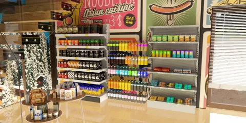 grocery store shelves stocked with various food products and beverages showcasing modern retail design, featuring interior decor elements and utilizing Homestyler's real-time 3D rendering for effective layout visualization.