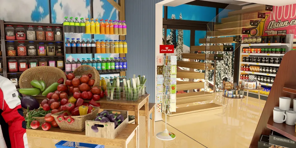 grocery store display featuring fresh fruits and vegetables arranging in an inviting layout, showcasing vibrant colors and modern design, highlighting Homestyler's real-time 3D rendering feature for interior design visualization.