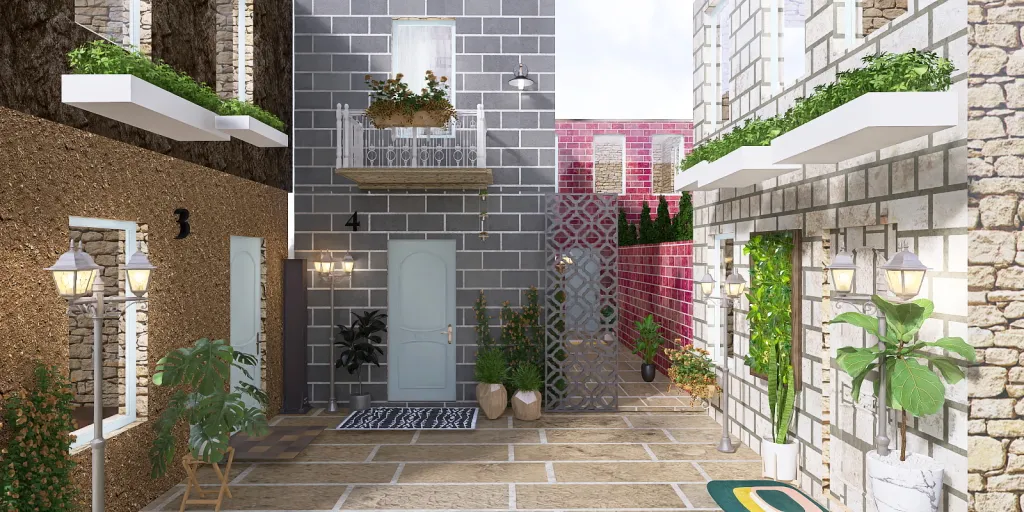 a brick building with a garden and a patio 