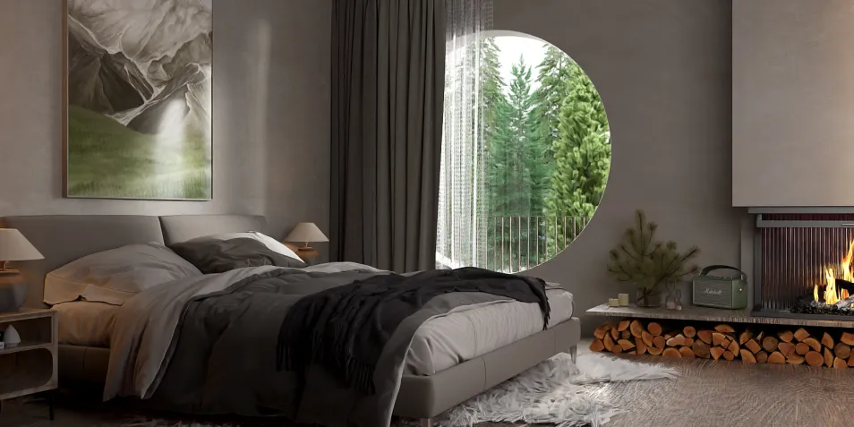 modern bedroom with a cozy fireplace and circular window showcasing a scenic view, designed using interior decor principles, featuring real-time 3D rendering for realistic visualization