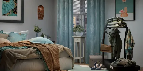 bedroom decor showcasing a cozy bedding arrangement with stylish textiles in a modern design, featuring smart furniture arrangement for optimizing small spaces using Homestyler's intelligent furniture layout function.