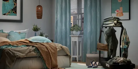 cozy bedroom interior featuring a stylish bed layout with soft textures and a modern decor style, showcasing Homestyler's smart furniture arrangement feature for optimizing space.