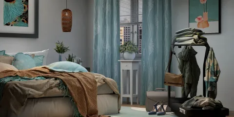 cozy bedroom interior design featuring a well-arranged bed with decorative pillows and blankets, incorporating a modern aesthetic for optimal comfort, utilizing Homestyler's smart furniture layout functionality.
