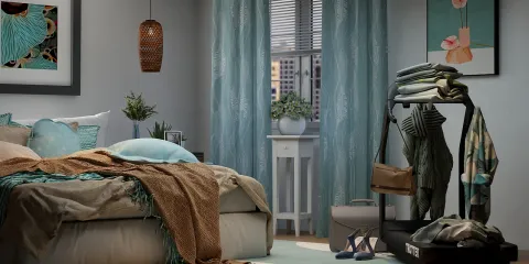 Cozy bedroom with a neatly made bed and stylish decor showcasing smart furniture arrangement in a modern style, featuring Homestyler's real-time 3D rendering capability.