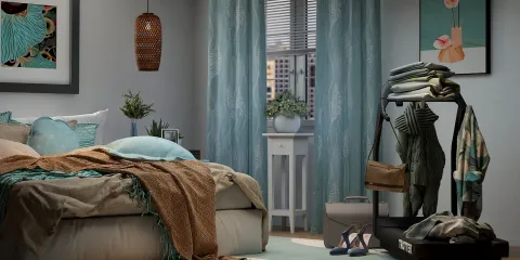 cozy bedroom with stylish bed and decorative curtains featuring smart furniture arrangement in a contemporary style that enhances space efficiency using Homestyler's real-time 3D rendering feature.