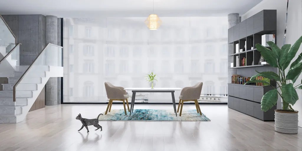 a living room with a table and chairs and a dog 
