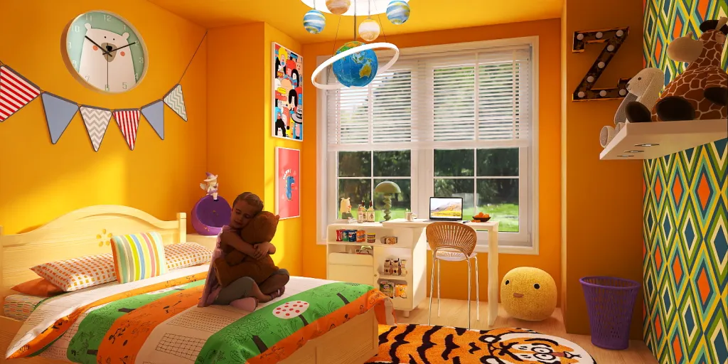 a child is sitting on a bed in a room 