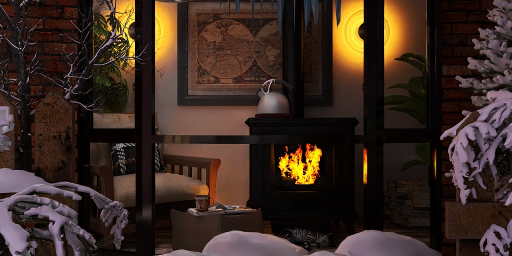 a fire place in a room with a fire hydrant 