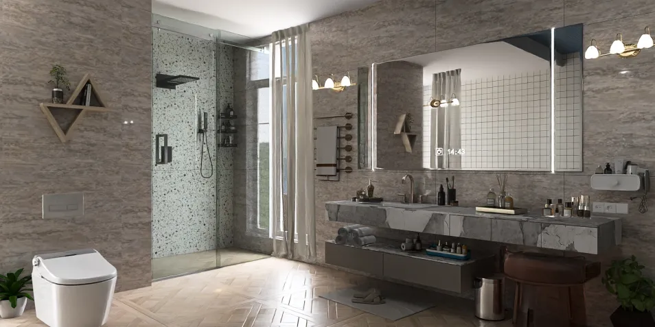 modern bathroom showcasing a sleek design with gray textured walls and a spacious shower area, featuring advanced AR virtual furniture placement for optimal interior decor arrangement.