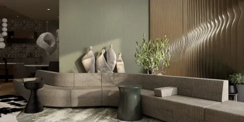 modern curved sofa arrangement showcasing elegant design with natural elements in a contemporary living room, highlighting Homestyler's real-time 3D rendering feature for decor visualization