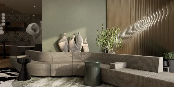 modern curved sofa arrangement showcasing elegant design with natural elements in a contemporary living room, highlighting Homestyler's real-time 3D rendering feature for decor visualization