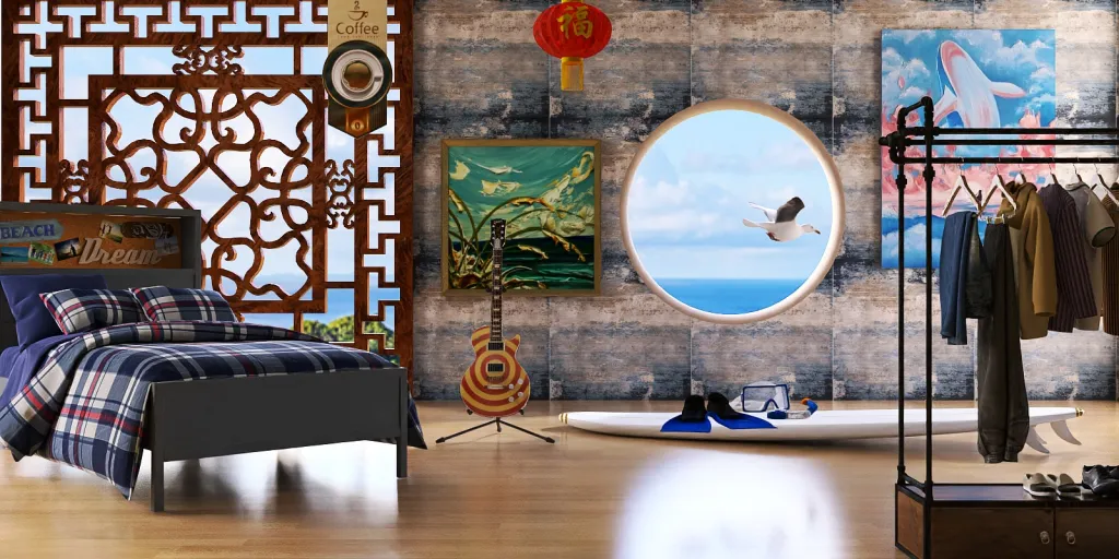 a room with a bed, a chair, and a painting on the wall 