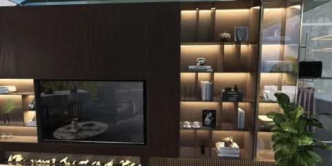 modern living room with elegant shelving design featuring a TV and decorative items, showcasing a refined interior decor style; utilizing Homestyler's real-time 3D rendering for immersive visual preview.