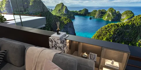 cozy living room with a stunning ocean view design featuring modern decor showcasing the importance of space utilization; utilizing Homestyler's real-time 3D rendering feature for effective design visualization.