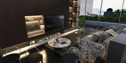 modern living room showcasing elegant furniture arrangement with smart furniture layout, featuring a stylish dark theme, optimized for small space maximize interior decor using Homestyler's real-time 3D rendering.