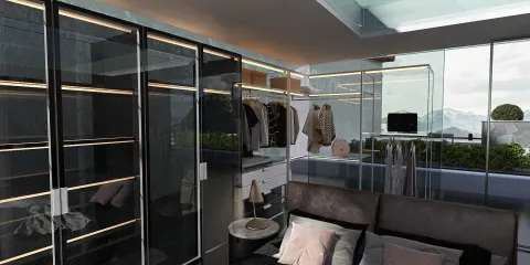 modern wardrobe design featuring organized clothing arrangement in a contemporary bedroom space with a focus on interior decor optimization using Homestyler's real-time 3D rendering.
