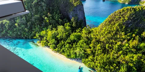 breathtaking landscape overlooking a tropical beach with turquoise waters and lush greenery+scenic view+natural beauty+spatial appreciation for coastal environments