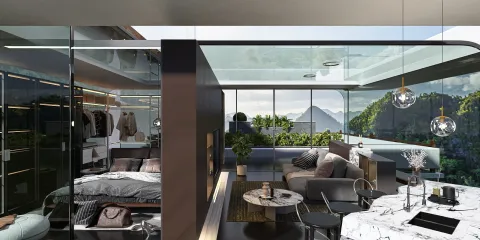 contemporary living area featuring a seamless indoor-outdoor design with mountain views, showcasing smart furniture arrangement for space optimization, utilizing Homestyler's AR virtual furniture placement feature.