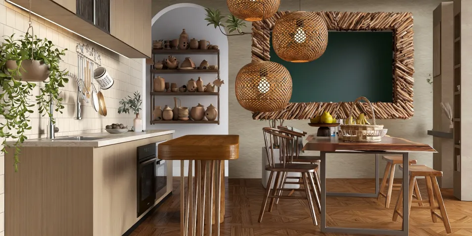 Modern kitchen design featuring wooden furniture and natural elements showcasing a cozy dining area with a focus on sustainable materials; utilizing Homestyler's real-time 3D rendering for quick design visualization.