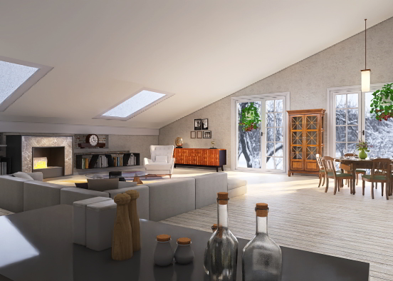Open floor: Living Room,  Dining Room Design Rendering