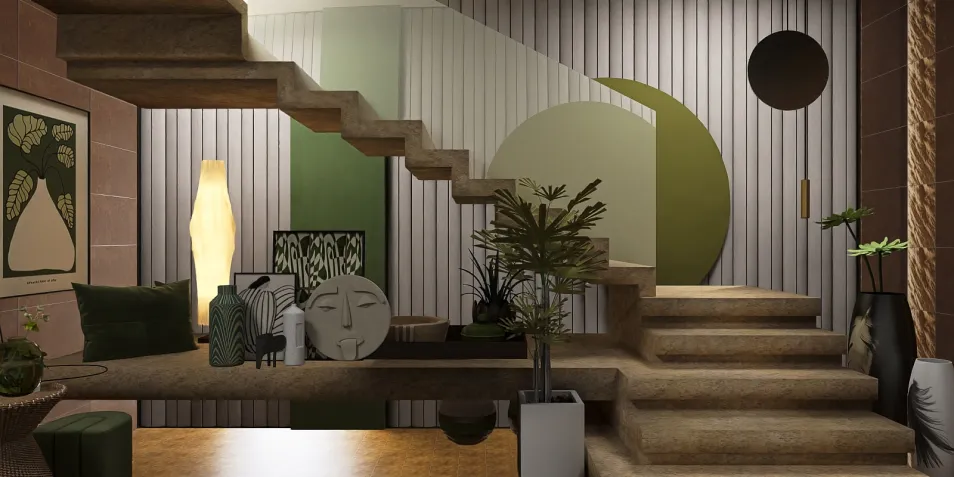 Staircase design featuring natural elements and green accents, creating a harmonious entryway with modern aesthetics, showcasing Homestyler's real-time 3D rendering feature.