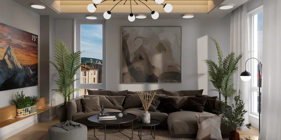 modern living room design featuring a large sectional sofa and decorative plants designed using Homestyler's real-time 3D rendering for an immersive preview experience.