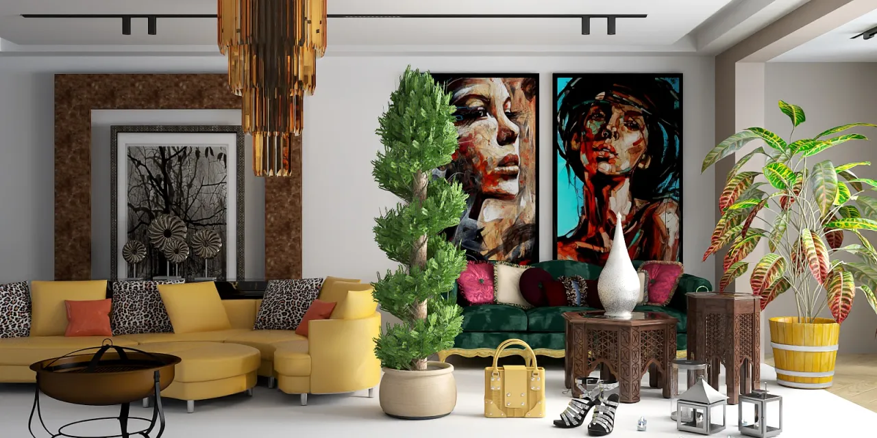 a living room with a painting of a woman and a plant 