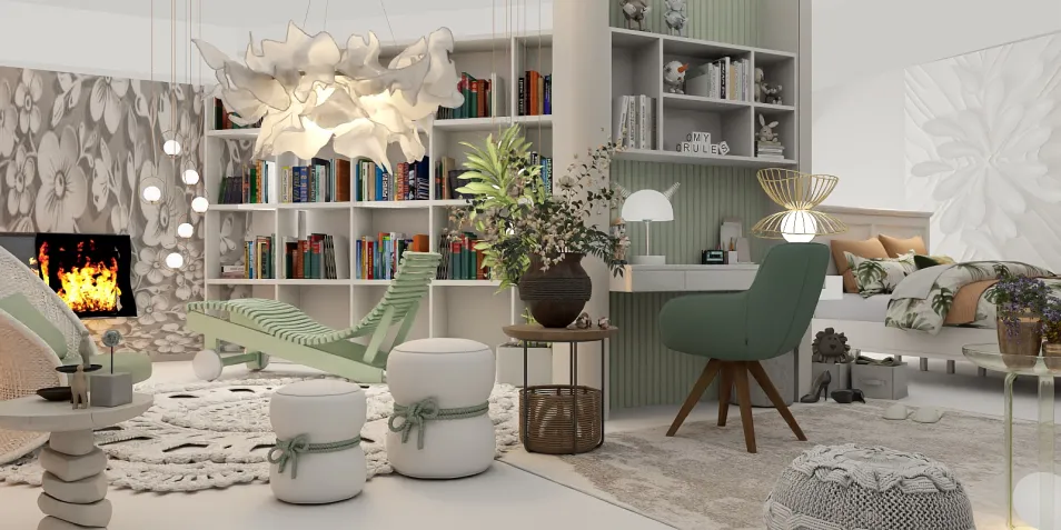 Living room with modern decor featuring a cozy reading nook, showcasing a green lounge chair and bookshelves; designed in a contemporary style, optimizing space for relaxation and functionality using Homestyler's real-time 3D rendering feature.
