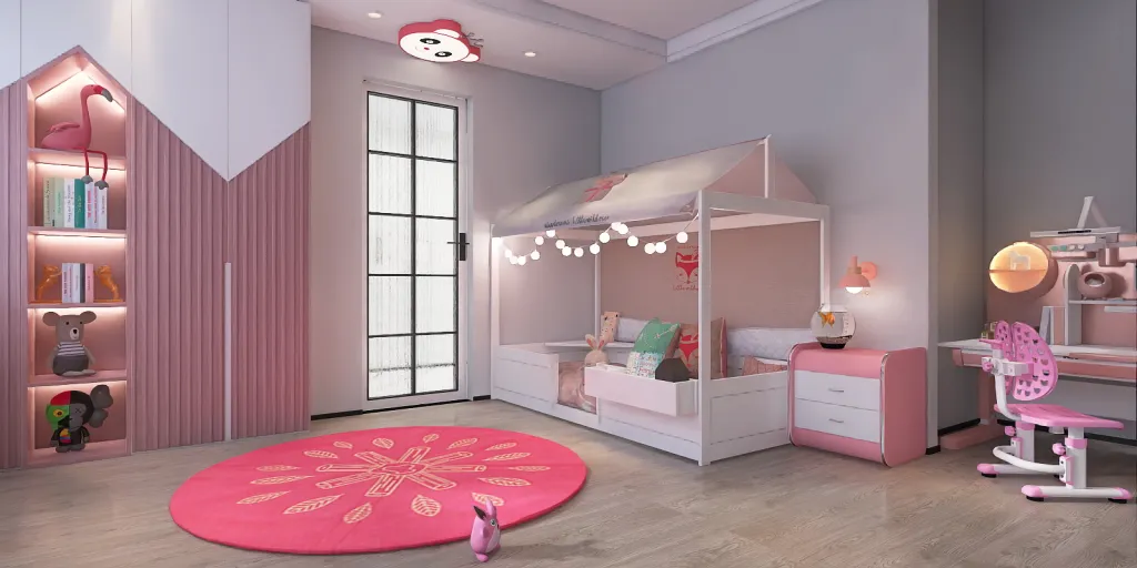 a room with a pink bed, a pink dresser, and a pink rug 