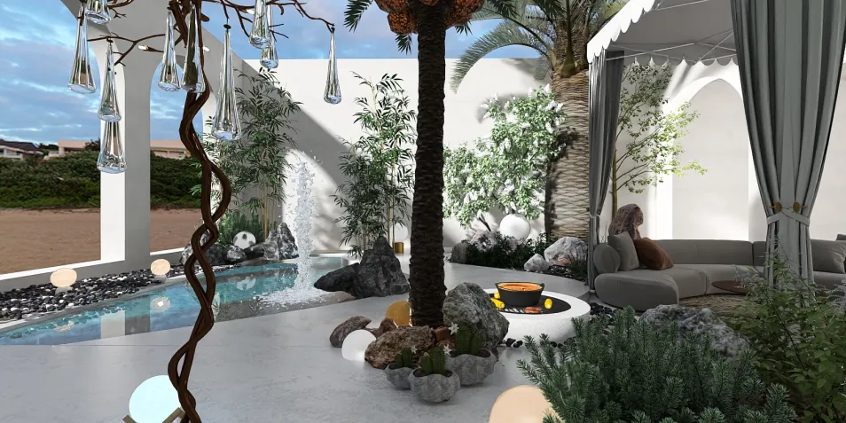 modern outdoor lounge area featuring a palm tree and decorative stones with a pool, designed using Homestyler for seamless outdoor space integration and visualization.
