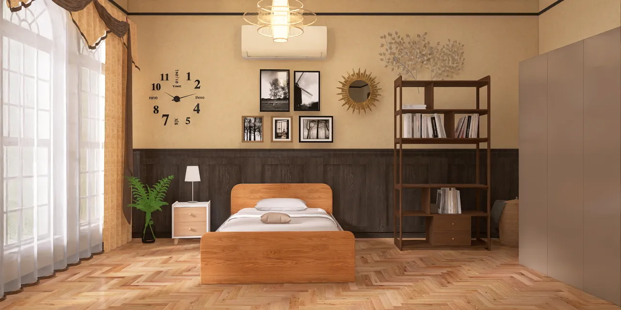 a bedroom with a bed, a desk and a window 