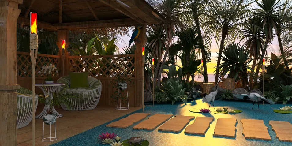 outdoor seating area with a gazebo overlooking a tranquil pool at sunset, featuring lush tropical plants and decorative lighting, creating a serene and inviting atmosphere for relaxation, utilizing Homestyler's real-time 3D rendering feature.