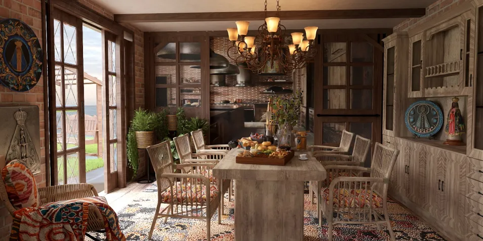 rustic dining room design featuring wooden furniture arrangement and natural lighting, showcasing interior decor ideas for a cozy dining space, utilizing Homestyler's real-time 3D rendering feature.