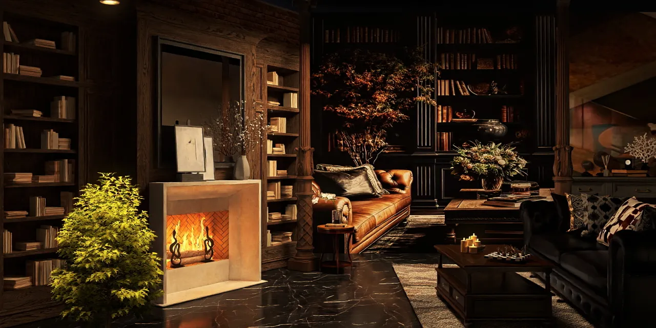 a fireplace with a fire place and a book shelf 