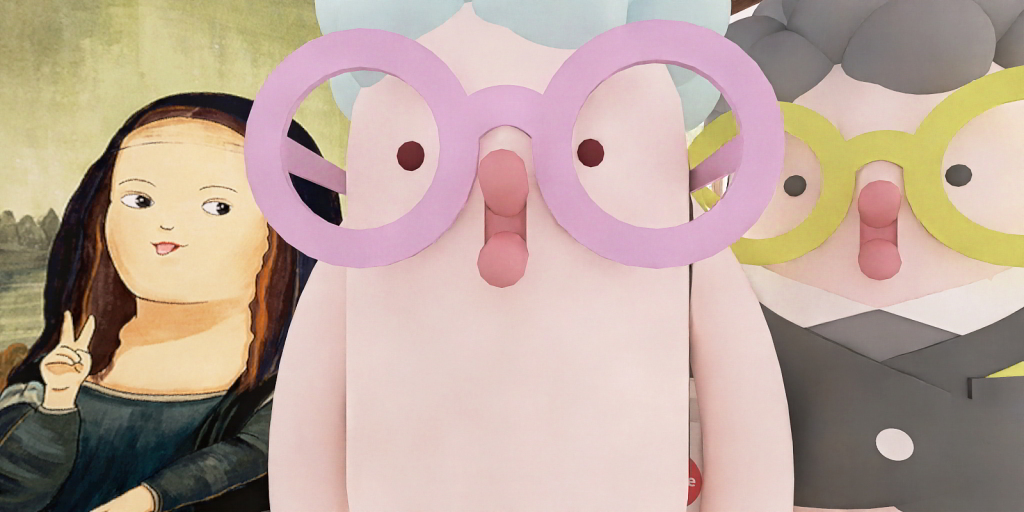a woman with a pink and white cat on her head 