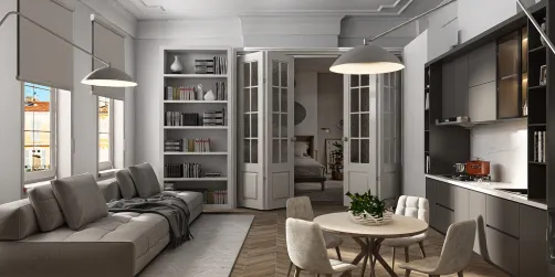 modern living room featuring a stylish sofa and round dining table, showcasing 3D interior design with realistic rendering, utilizing Homestyler's real-time rendering feature for an accurate design preview.