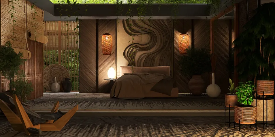 cozy bedroom design featuring a wooden bed and natural decor elements, showcasing a modern organic style, emphasizing indoor greenery; utilizes Homestyler's real-time 3D rendering feature for an immersive design preview.