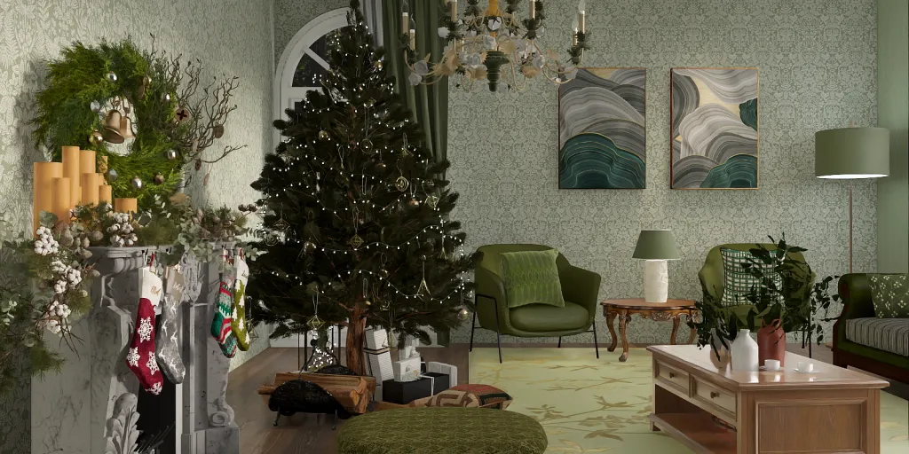 a living room filled with furniture and a tree 
