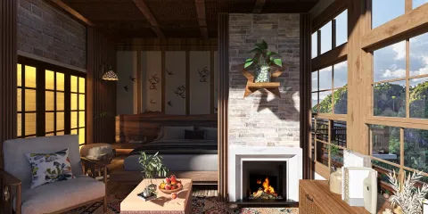 cozy bedroom with a fireplace showcasing rustic charm and wooden accents, offering a warm ambiance while utilizing Homestyler's real-time 3D rendering feature for design visualization.