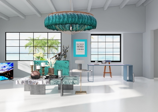 A blue work room ￼ Design Rendering