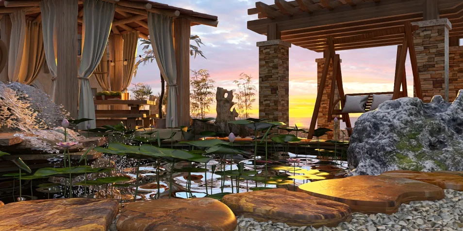 serene garden pond with water lilies featuring a rustic wooden gazebo in the background at sunset, showcasing 3D interior design with Homestyler's immersive VR experience